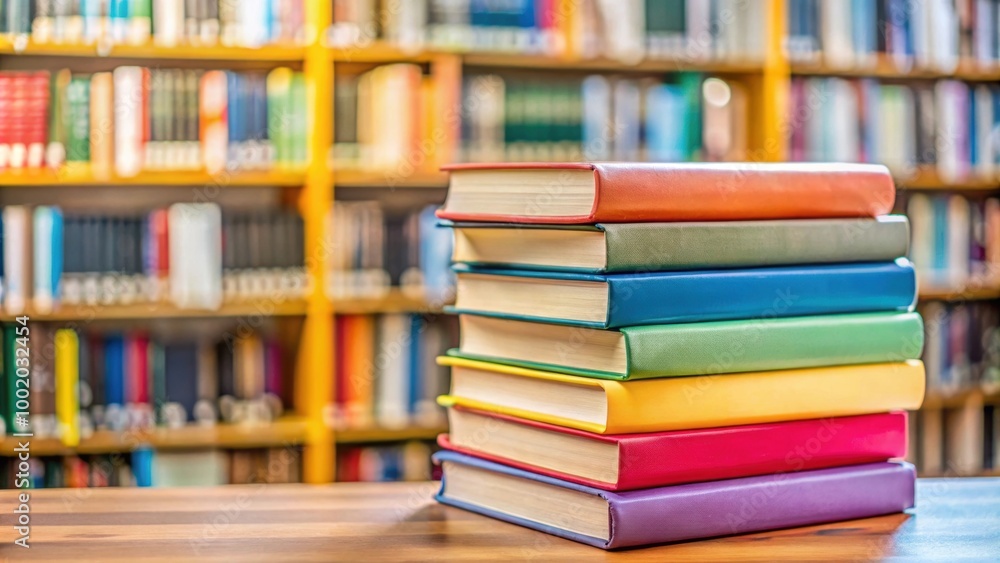 Closeup of a stack of colorful books at a local library, a resource for families to gather and learn together, library Closeup of a stack of colorful books at a local library, a resource for families to gather and learn together, library
