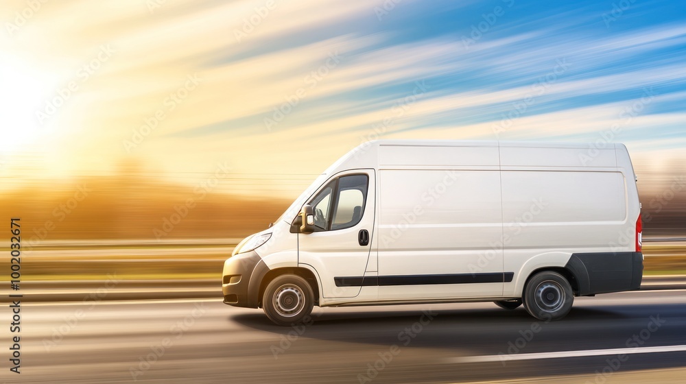 A white delivery van speeding down a highway with a sunset in the background. A white delivery van speeding down a highway with a sunset in the background.
