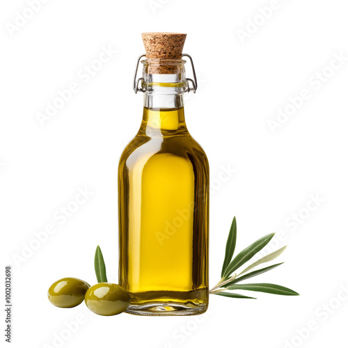 Bottle of olive oil with olives and olive branch