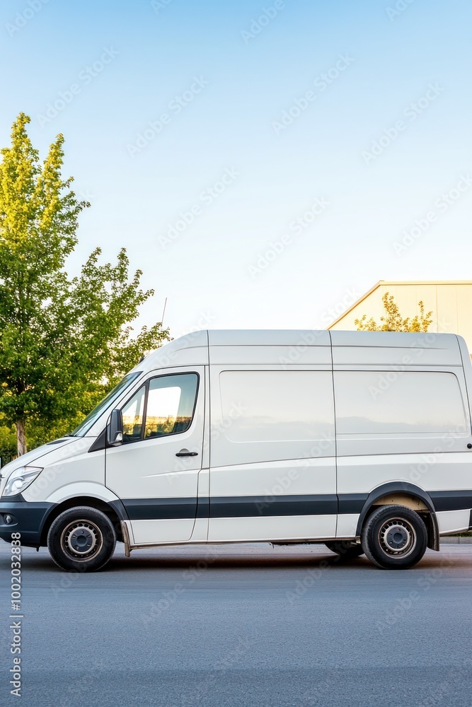 A white delivery van parked on a street with trees in the background.
