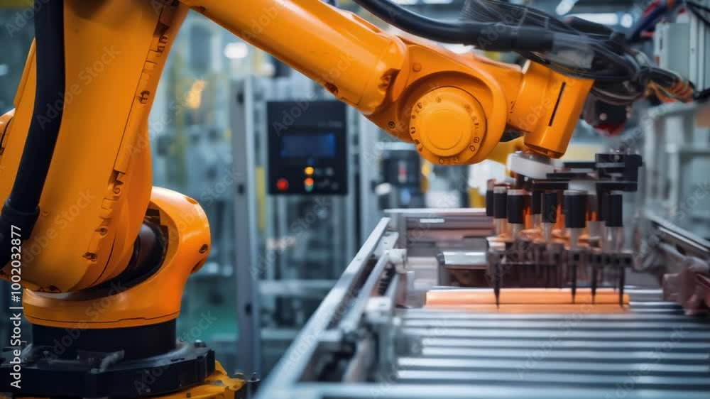 Orange robotic arm is picking components from a conveyor belt in a modern factory, showcasing the advancements of automation in manufacturing Orange robotic arm is picking components from a conveyor belt in a modern factory, showcasing the advancements of automation in manufacturing