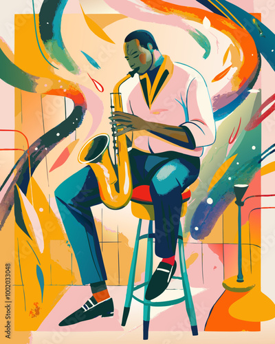 Jazz Musician Playing Saxophone in a Colorful Abstract Setting