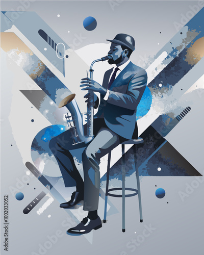 Elegant Jazz Saxophonist in Geometric Abstract Performance Art
