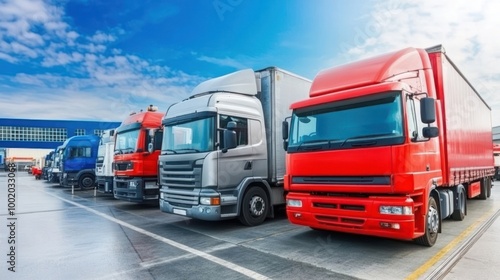 Wallpaper Mural A row of trucks parked in a logistics area under a clear blue sky. Torontodigital.ca