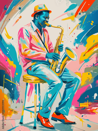 Vibrant Jazz Saxophonist Performance Art Illustration
