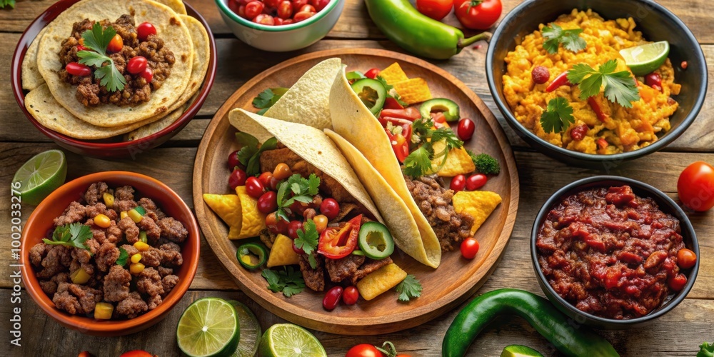 Assortment of delicious Mexican fajitas, chili con carne, nachos with avocado, beef and cheese , Mexican food Assortment of delicious Mexican fajitas, chili con carne, nachos with avocado, beef and cheese , Mexican food