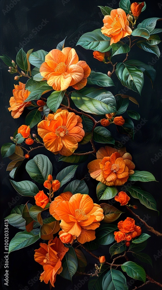 Orange Camellia Flowers Still Life Painting Orange Camellia Flowers Still Life Painting