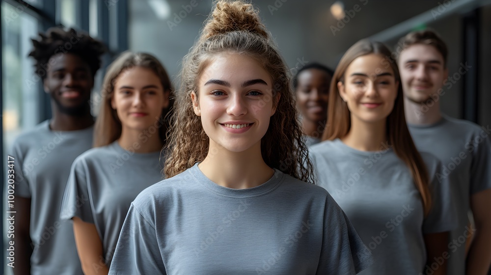 Group photo of a community wearing gray shirts at an event, subtly conveying sophistication and balance in their collective spirit, copy space, community engagement, futuristic, Composite Group photo of a community wearing gray shirts at an event, subtly conveying sophistication and balance in their collective spirit, copy space, community engagement, futuristic, Composite