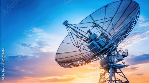 A large satellite dish points towards a vibrant sunset sky, signifying the search for knowledge and connection beyond our world.