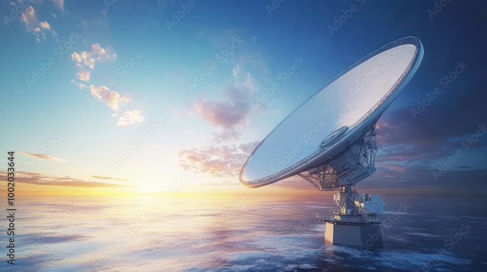 A large satellite dish stands against a vibrant sunset sky, reflecting the vastness of space and the possibilities of technology. A large satellite dish stands against a vibrant sunset sky, reflecting the vastness of space and the possibilities of technology.