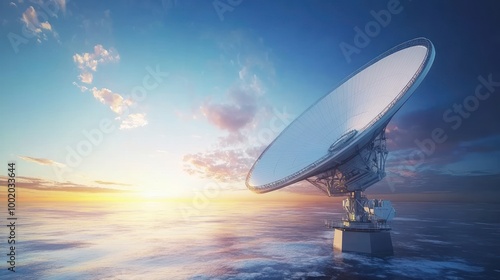 A large satellite dish stands against a vibrant sunset sky, reflecting the vastness of space and the possibilities of technology.