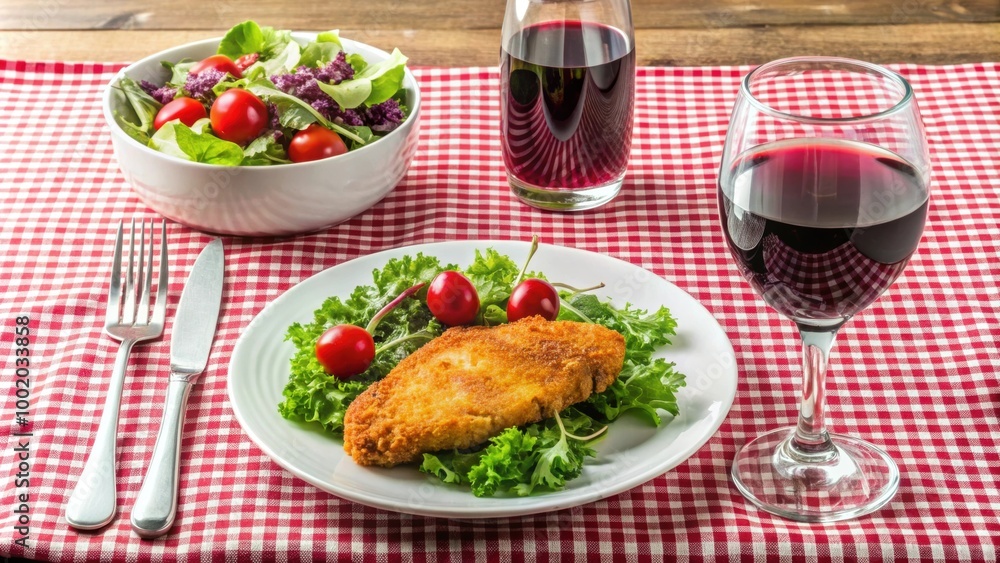 Dinner menu setting with chicken cutlet, salad, and red wine on a tablecloth with tableware, feast, meal, dining Dinner menu setting with chicken cutlet, salad, and red wine on a tablecloth with tableware, feast, meal, dining
