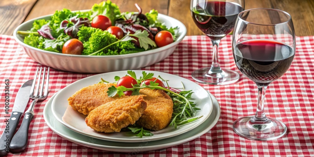 Dinner setting with chicken cutlet, salad, and red wine on a tablecloth, feast, dinner menu, tableware, gourmet Dinner setting with chicken cutlet, salad, and red wine on a tablecloth, feast, dinner menu, tableware, gourmet