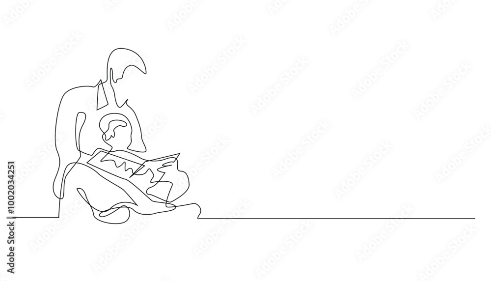 continuous line of father reading children's story book.father's day one line drawing concept.father's day background continuous line of father reading children's story book.father's day one line drawing concept.father's day background