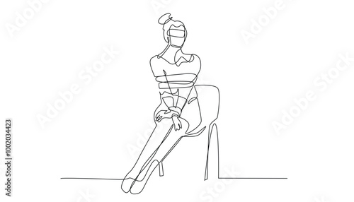 continuous line of woman with tied hands sitting on chair.one line drawing of female prisoner.single line vector illustration