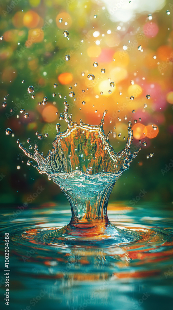 Water drop splash with colorful bokeh background.