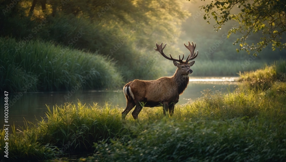 Obraz premium Male deer standing on riverbank surrounded by lush greenery at dawn or dusk