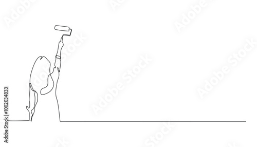 continuous line of woman painting the wall.vector single line of young woman painting the wall.renovating the house.vector line illustration