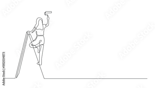 continuous line of woman painting the wall.vector single line of young woman painting the wall with the help of a folding ladder.renovating the house.vector line illustration