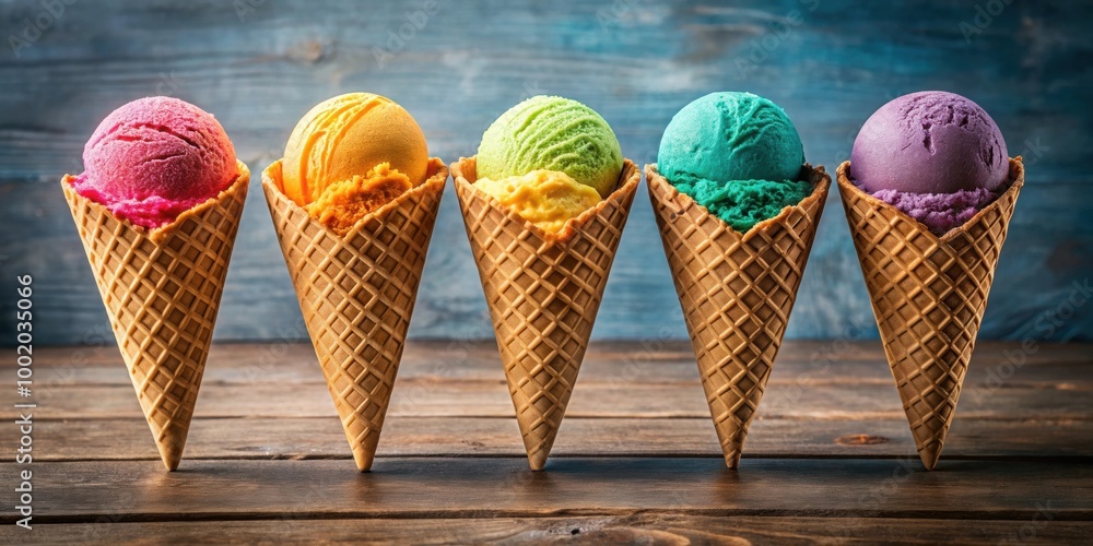 Several waffle cones filled with colorful scoops of ice cream, dessert, sweet, variety, different flavors Several waffle cones filled with colorful scoops of ice cream, dessert, sweet, variety, different flavors