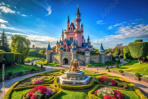 Enchanting Fairytale Castle at Disneyland Paris Surrounded by Lush Gardens and Clear Blue Skies photo