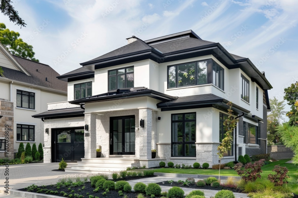 White Home Exterior. Contemporary Brick Building in Expensive Suburban Estate White Home Exterior. Contemporary Brick Building in Expensive Suburban Estate