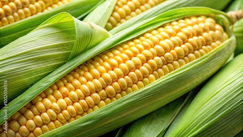 Fresh green corn cob bursts with plump kernels, delicate husks, and silky strands, a sweet and tender summertime treat. photo