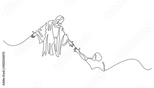 continuous line of God Jesus giving help.Sad people get Jesus' helping hand.Isolated white background