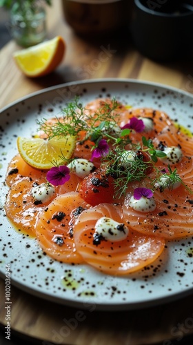 Elegant salmon carpaccio garnished with edible flowers and lemon on a decorative plate in a gourmet restaurant setting