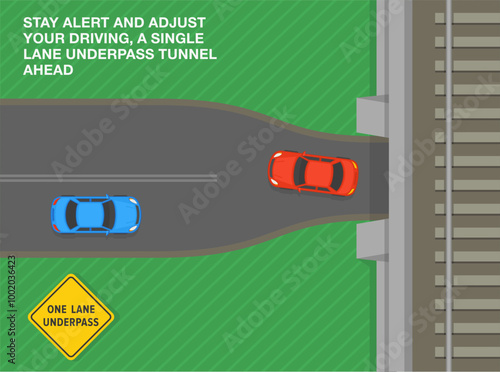 Safe driving tips and traffic regulation rules. United States "one lane underpass" sign meaning. Top view of a traffic flow. Flat vector illustration template.