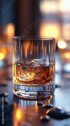 A glass of whiskey on a table with ice and glimmering warm light reflections during a relaxed evening setting