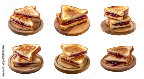 toast sandwich with strawberry jam on wooden board isolated on a transparent or white background, cut-out, PNG
