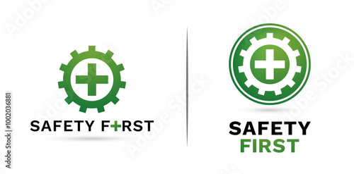 two models concepts Safety first icon Gear and plus signs green colors isolated on white backgrounds for label products company or corporate, User interface design, collages, decks and layout template