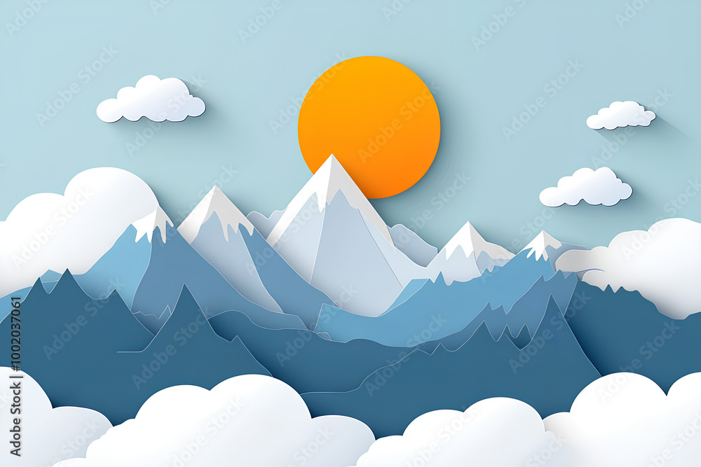 Illustration of mountain scenery with cloud in aerial view. Mountain and cloudy scenery on paper art style. paper cut and craft style, illustration Illustration of mountain scenery with cloud in aerial view. Mountain and cloudy scenery on paper art style. paper cut and craft style, illustration