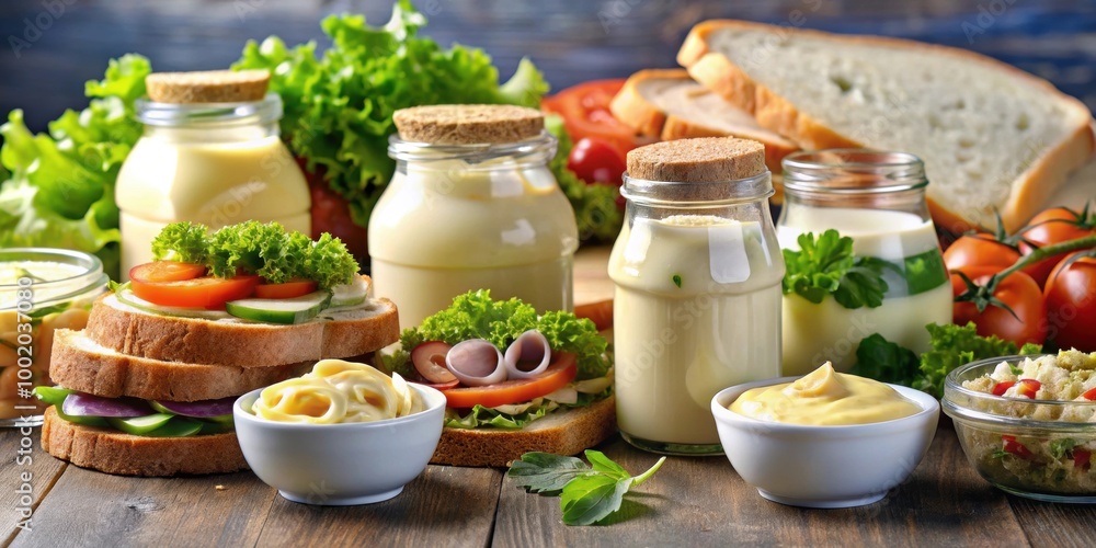 A close-up photo of a variety of Hellmann's products such as mayonnaise, salad dressing, and sandwich spreads , condiments A close-up photo of a variety of Hellmann's products such as mayonnaise, salad dressing, and sandwich spreads , condiments