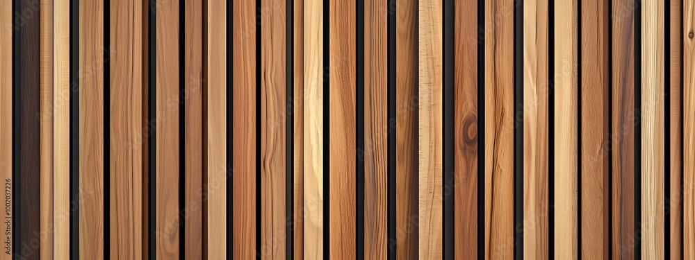 Naklejka premium Wooden wall made of vertical panels. Line slats made of wood for a modern interior. Timber planks for cladding facades or fences. Material for cladding in construction. 