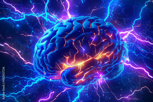 Wallpaper Mural A vibrant, digitally rendered brain surrounded by electric energy, symbolizing thought, creativity, and neural activity. Torontodigital.ca