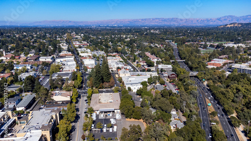 Aerial view of downtown Los Gatos with Highway 17 running alongside the town