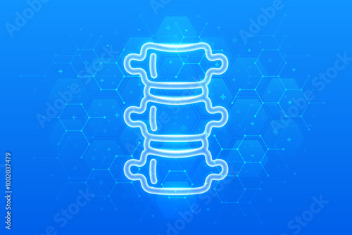 Spine icon. Spine health. Back pain spine treatment, Physiotherapy, Diagnostics concept. Molecular structure. Blue medical background with hexagons. Vector illustration