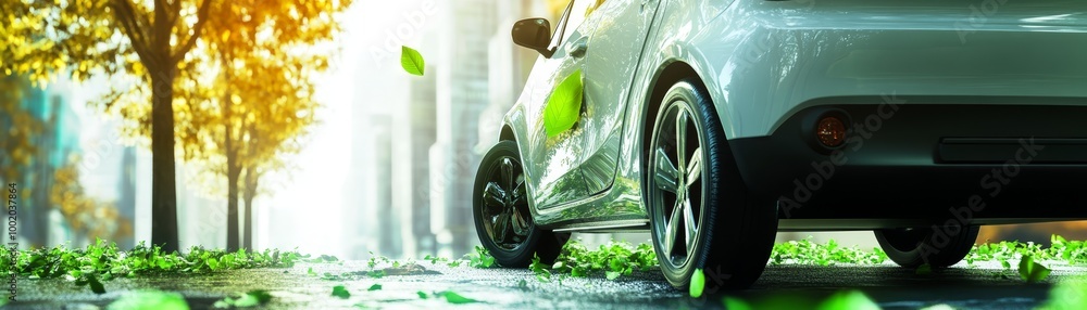 Obraz premium Eco Friendly Car Driving Through Green Nature