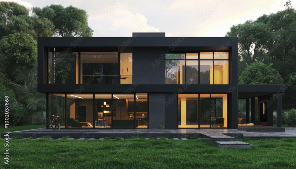A modern two-story house with large glass windows, set in a lush green environment, showcasing contemporary architectural design. A modern two-story house with large glass windows, set in a lush green environment, showcasing contemporary architectural design.