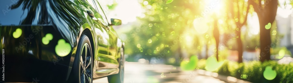 Fototapeta premium Black Car on Sunny Day with Green Bokeh Background