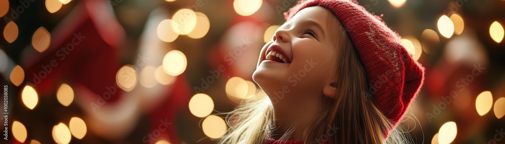 Fototapeta premium Happy Little Girl in Red Hat Looking Up at Christmas Lights