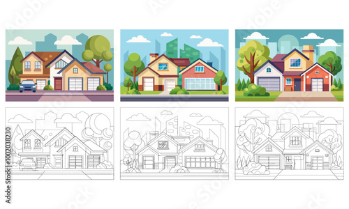 Houses, villas and mansion real estate building icons. Luxury bungalow, modern cottage and contemporary house buildings facade with porch, pitched roof and garage flat vector. Suburban townhouse
