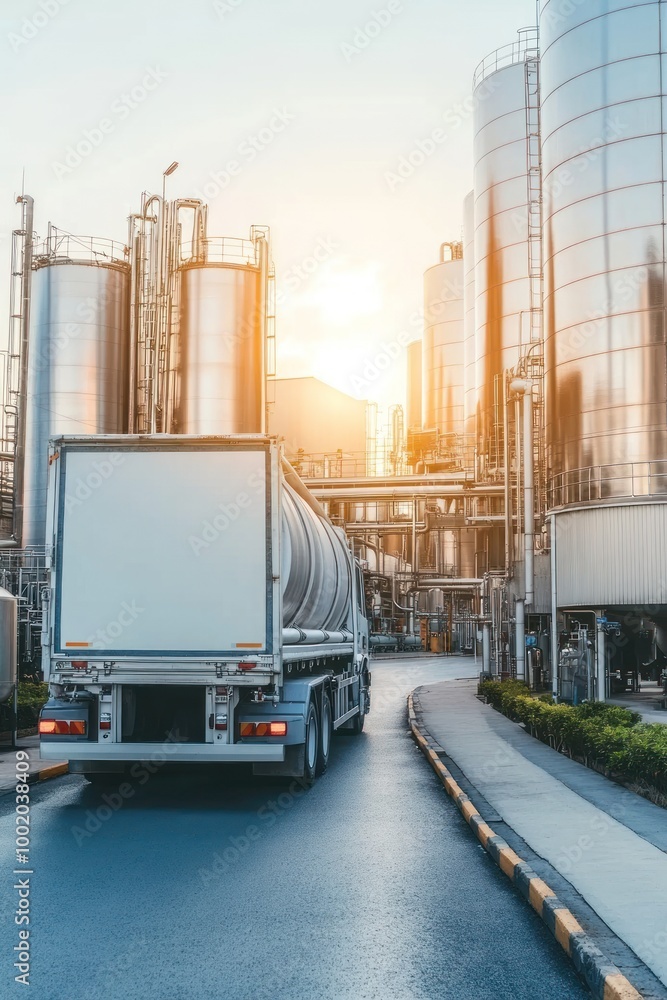 A truck driving through an industrial area with large storage tanks at sunset. A truck driving through an industrial area with large storage tanks at sunset.