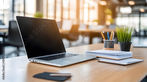 Wallpaper Mural A clean and minimalist office desk with a single stack of papers, pen holder, and laptop, natural lighting, realistic photo Torontodigital.ca