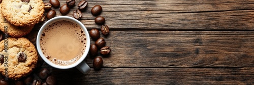 On a hardwood background, coffee time with cookies and fresh beans.