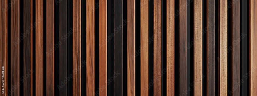 Obraz premium Wooden wall made of vertical panels. Line slats made of wood for a modern interior. Timber planks for cladding facades or fences. Material for cladding in construction. 