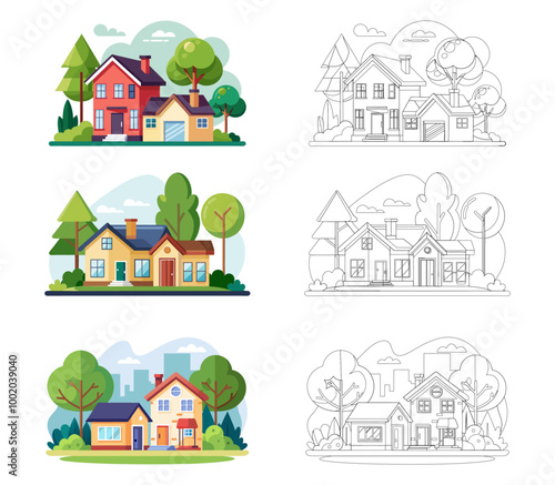 Houses, villas and mansion real estate building icons. Luxury bungalow, modern cottage and contemporary house buildings facade with porch, pitched roof and garage flat vector. Suburban townhouse
