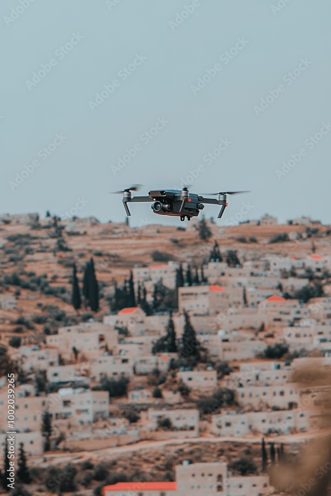Fototapeta premium A drone flies over a small village nestled in the hills.